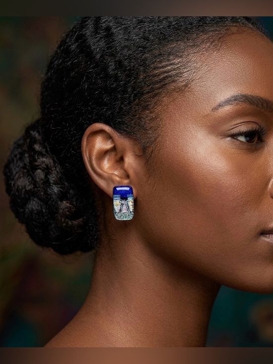 Handcrafted Artisan Jewelry - Handcrafted Dichroic Fused Glass Earrings w/ blue and silver shimmering pattern